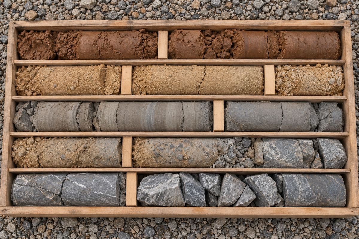 A wooden core box with rows of soil and rock core samples
