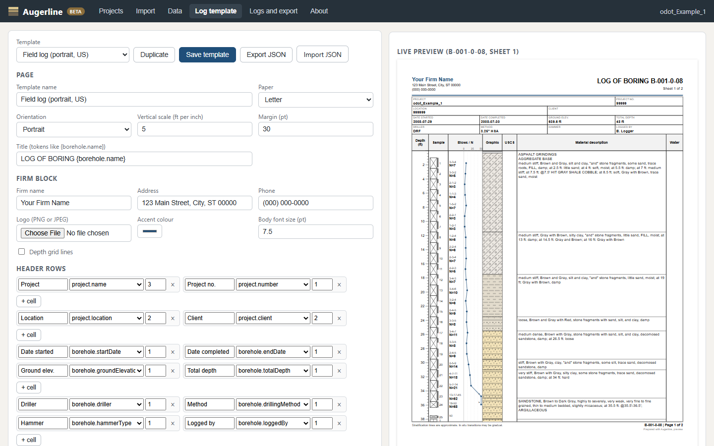 Log template designer with columns, header and footer blocks