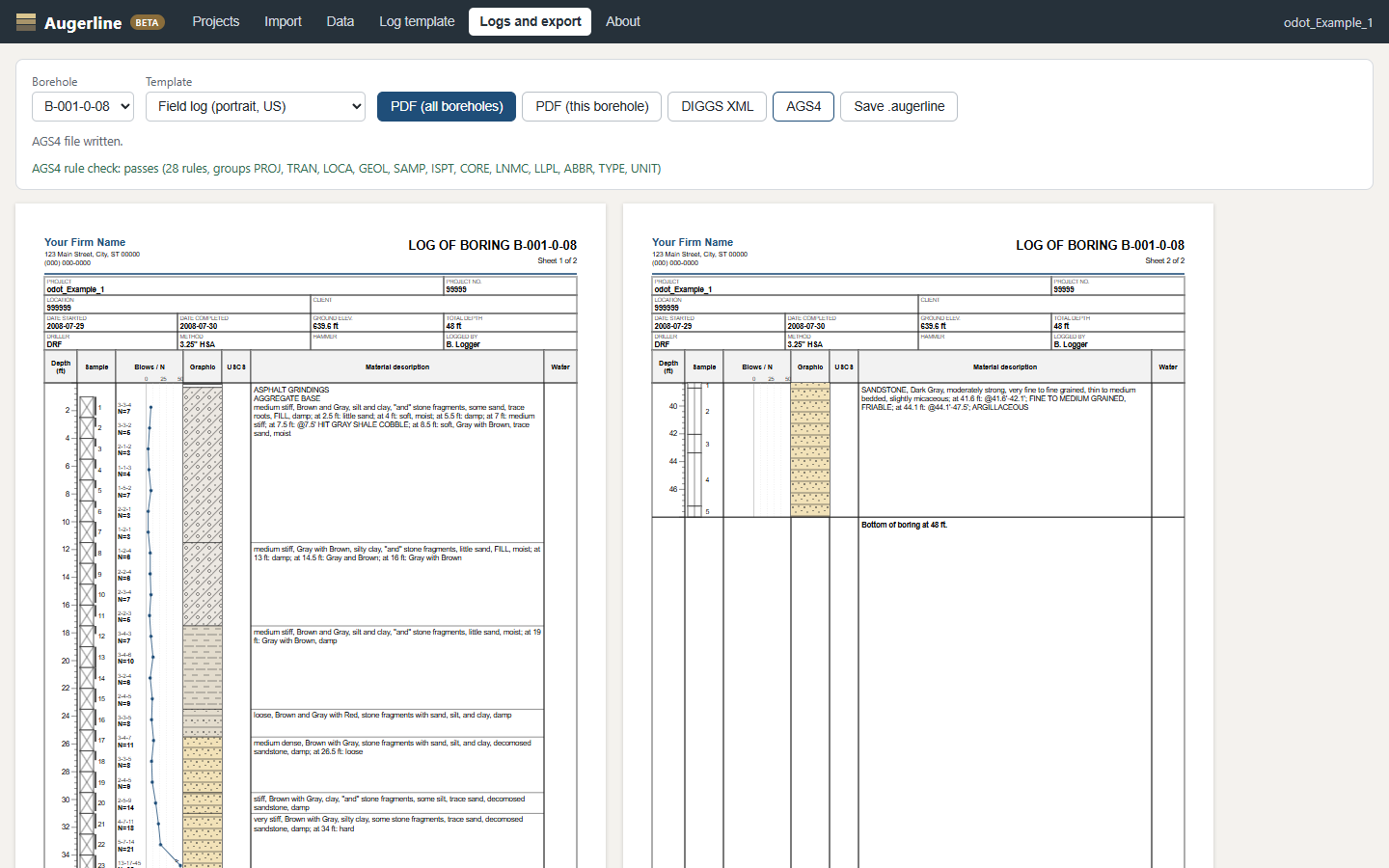 Export panel for PDF, DIGGS XML, AGS4 and project file