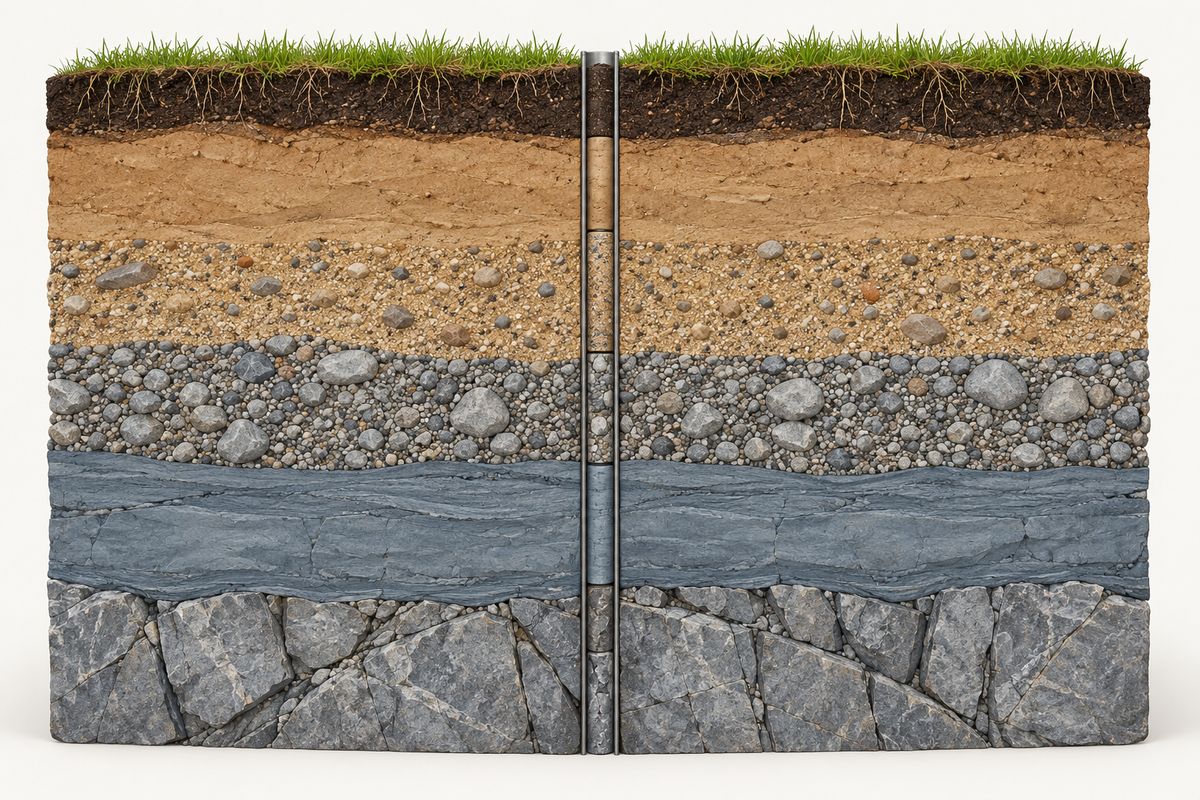Illustrated cross-section of soil and rock layers with a borehole through them